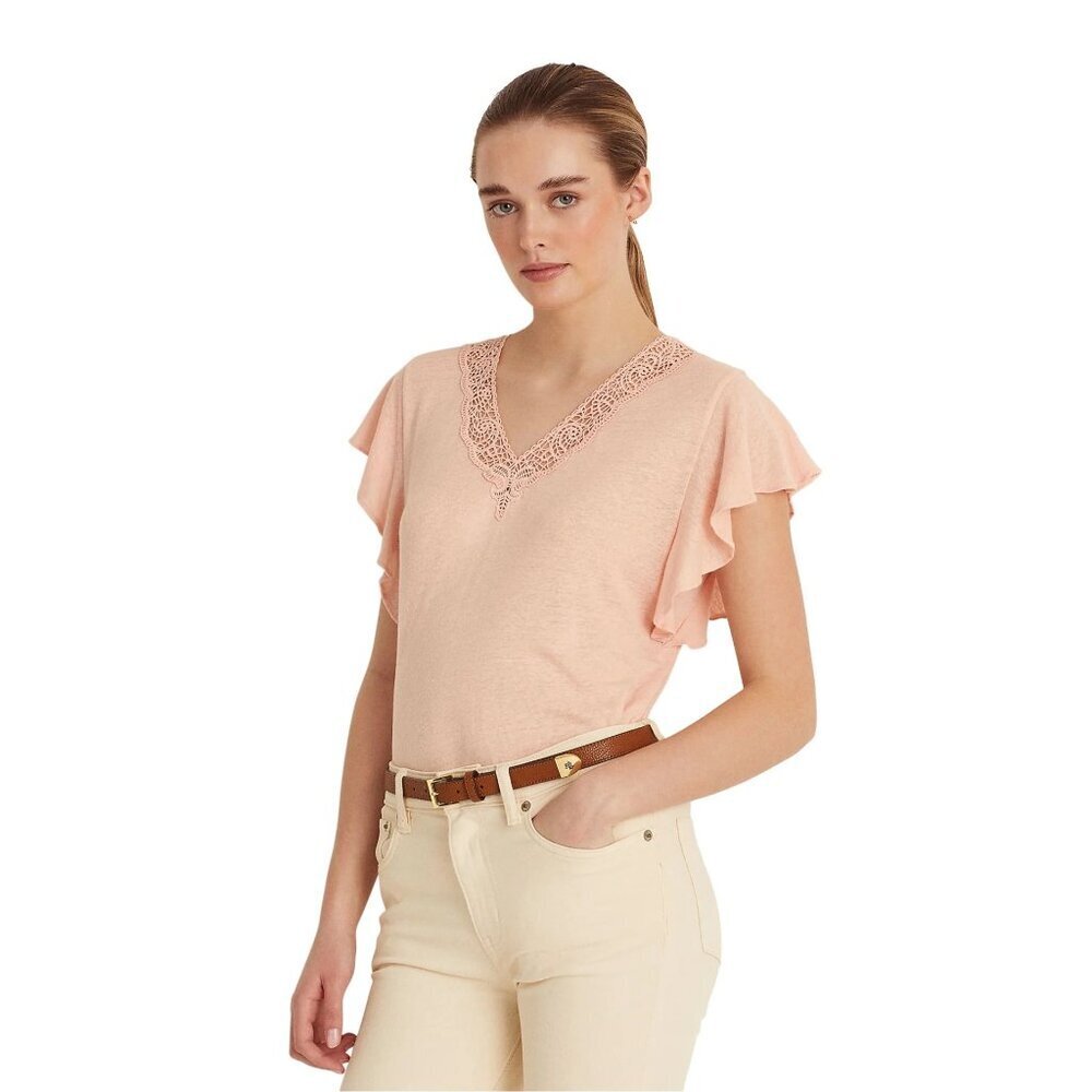 NWT Ralph Lauren Pink Flutter Sleeve V Neck Lace Trim Top — Size Small